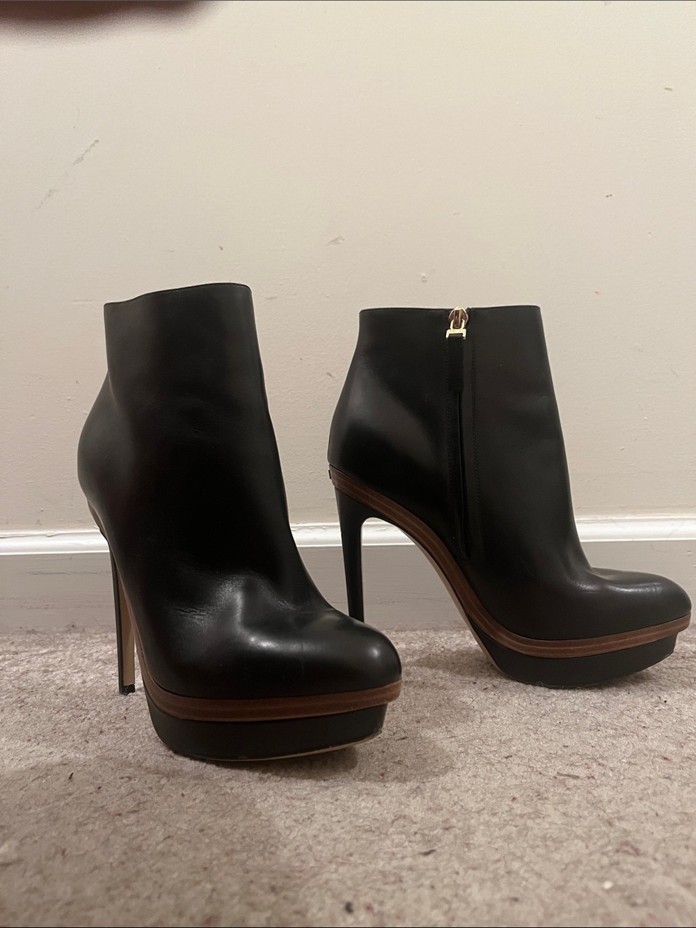 Fendi Black Leather Platform Ankle Booties with Brown Accent